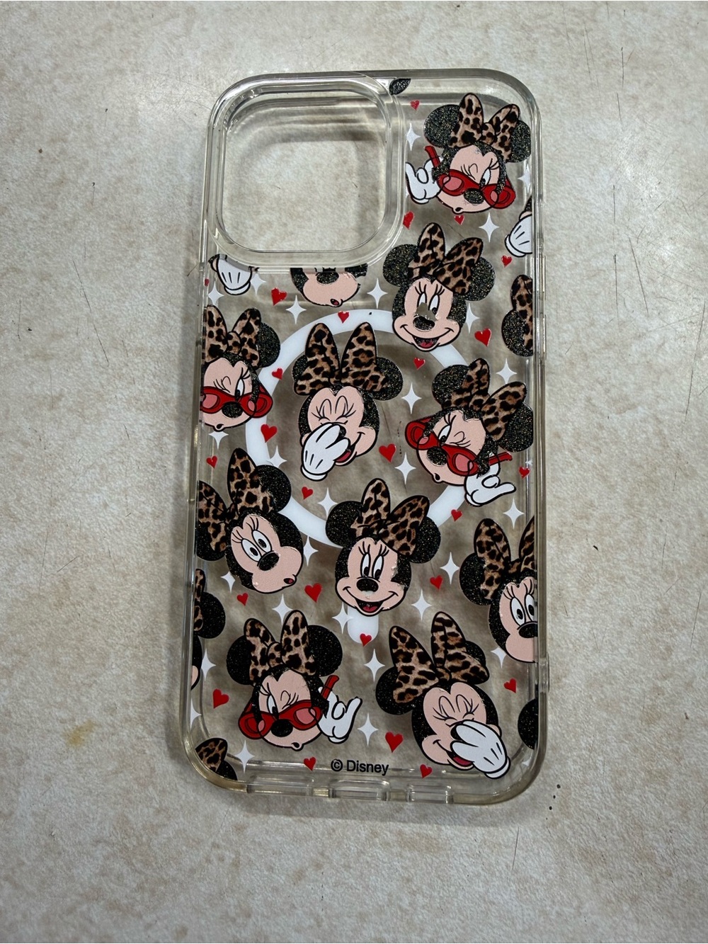 Disney Minnie Mouse Clear Phone Case with Leopard Bows and Red Hearts